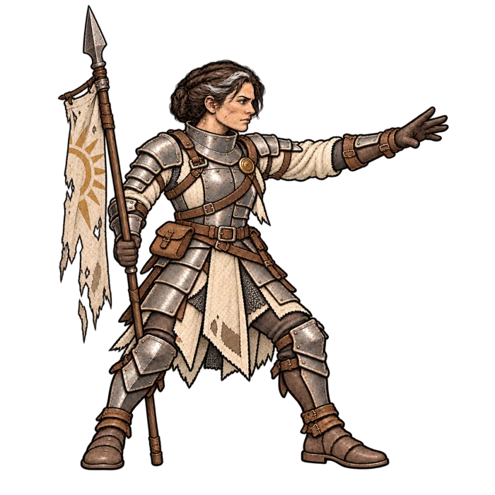 The Vanguard Captain, an armored commander carrying a weathered banner