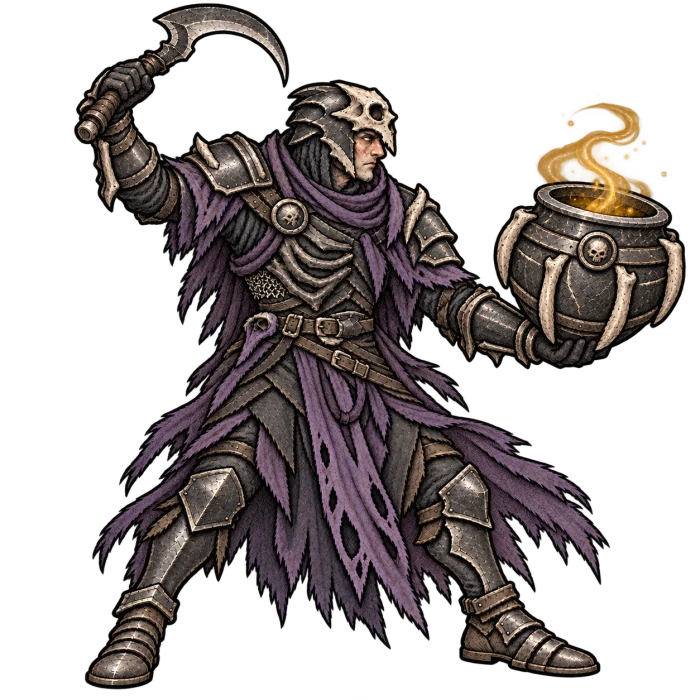 The Wraithbound Harvester, a spectral warrior carrying a soul urn